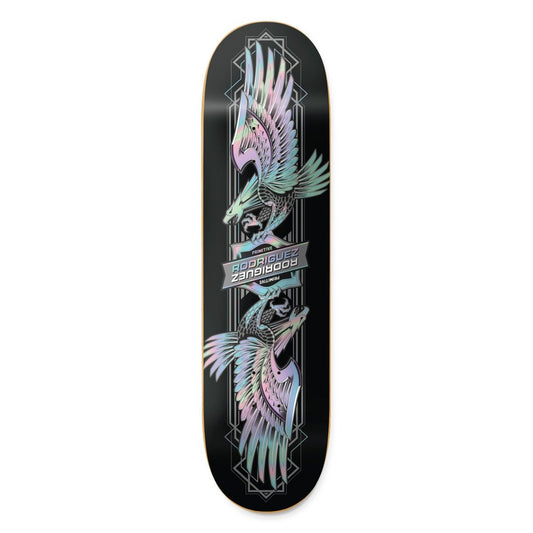 Skateboard deck with colorful bird design and brand logo on a white background