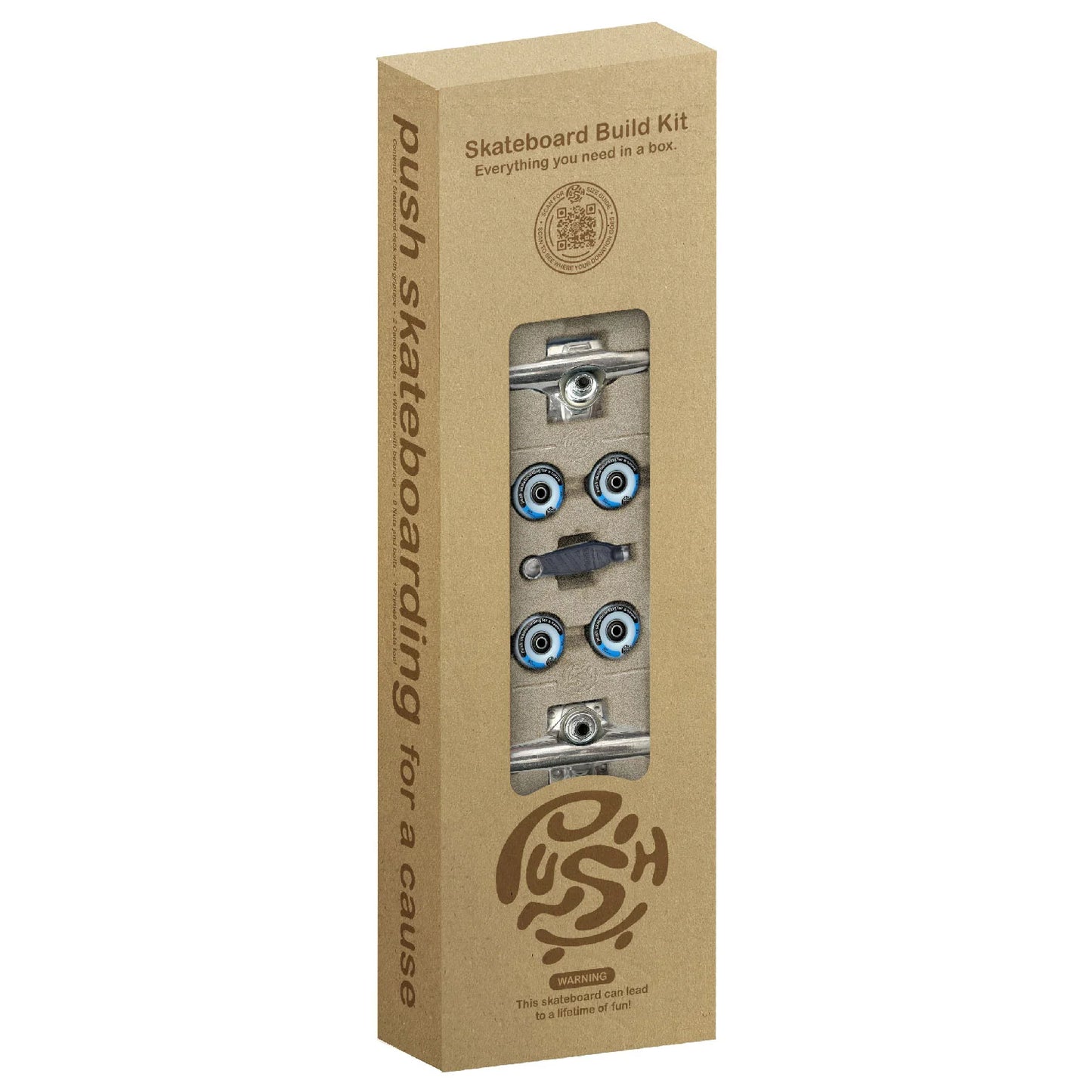 Cardboard box packaging for a skateboard build kit with visible components inside.