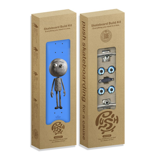 Two cardboard boxes for a skateboard build kit on a white background