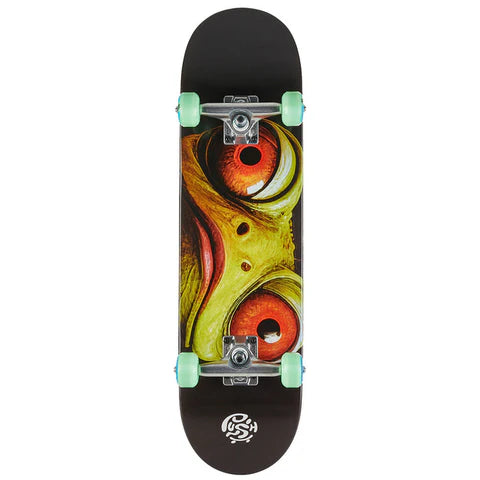 Skateboard with a colorful eye design on a black background