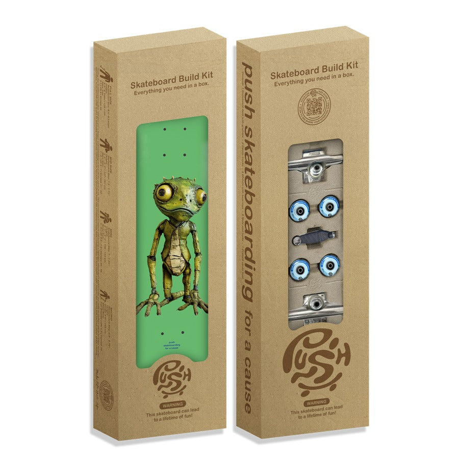 Two cardboard boxes for a skateboard build kit with a green skateboard deck and hardware on a white background.