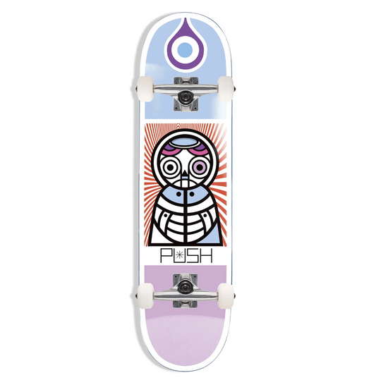 Skateboard with a design on the deck against a white background