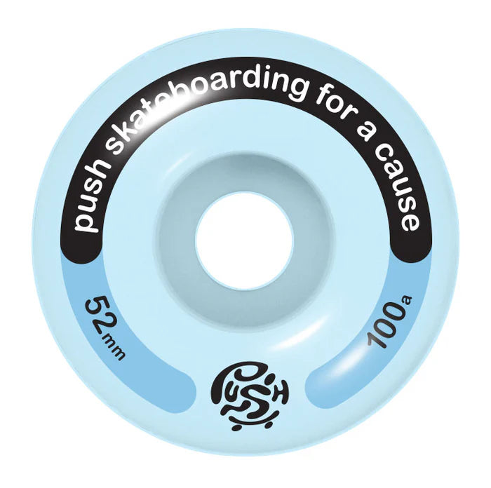 Light blue skateboard wheel with black text and branding on a white background