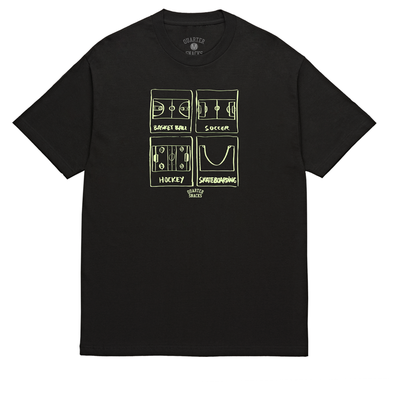 Black t-shirt with white graphic design on a white background