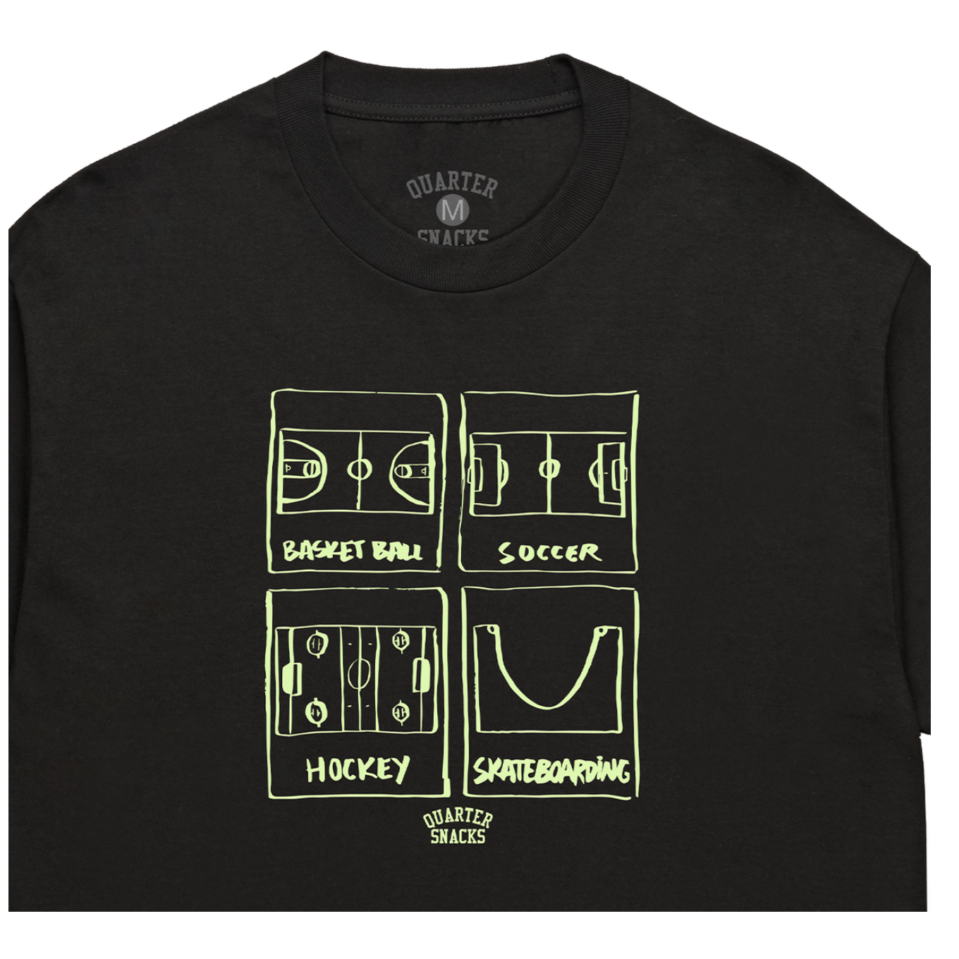 Black t-shirt with white graphic designs and text on a white background