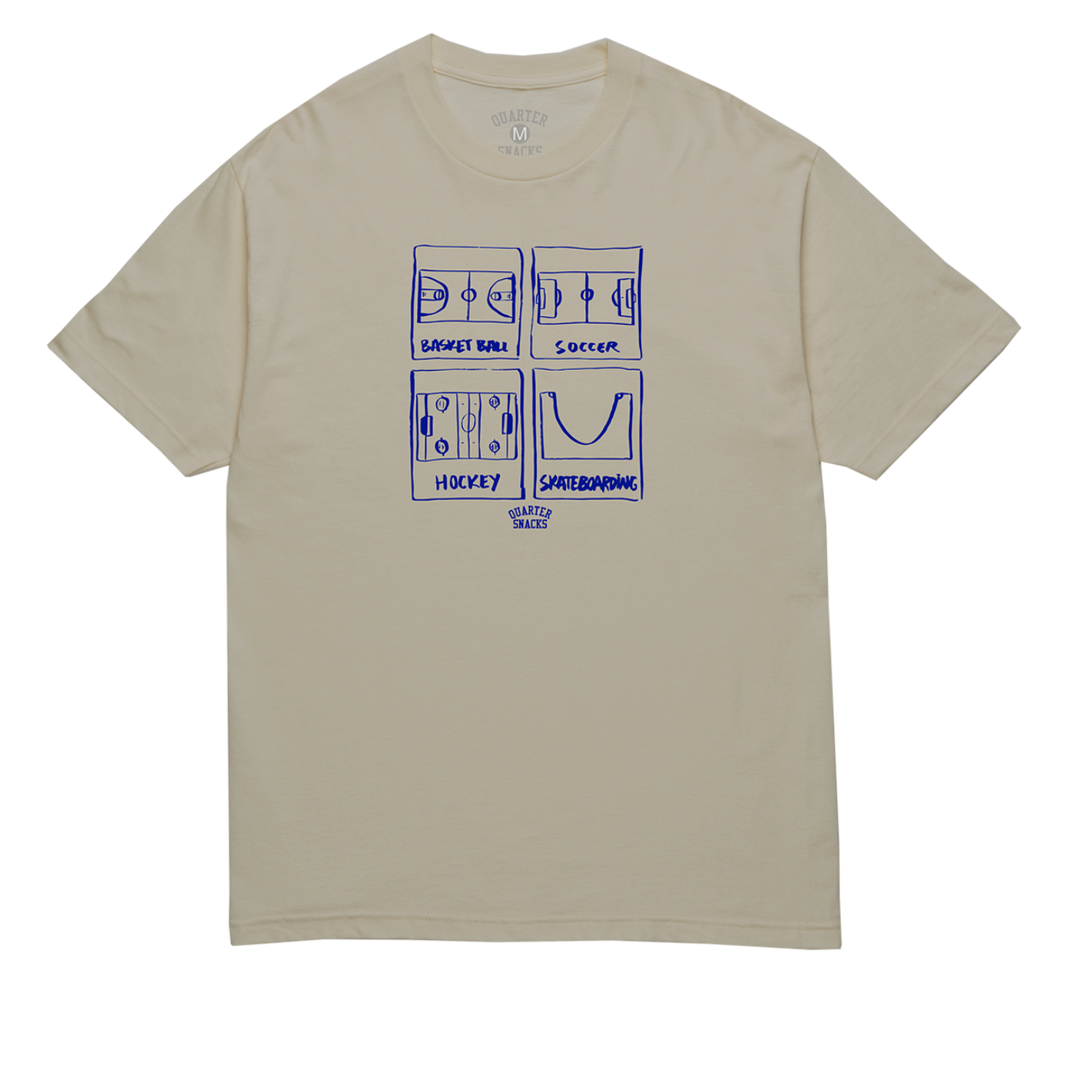 Beige t-shirt with blue graphic designs on a white background
