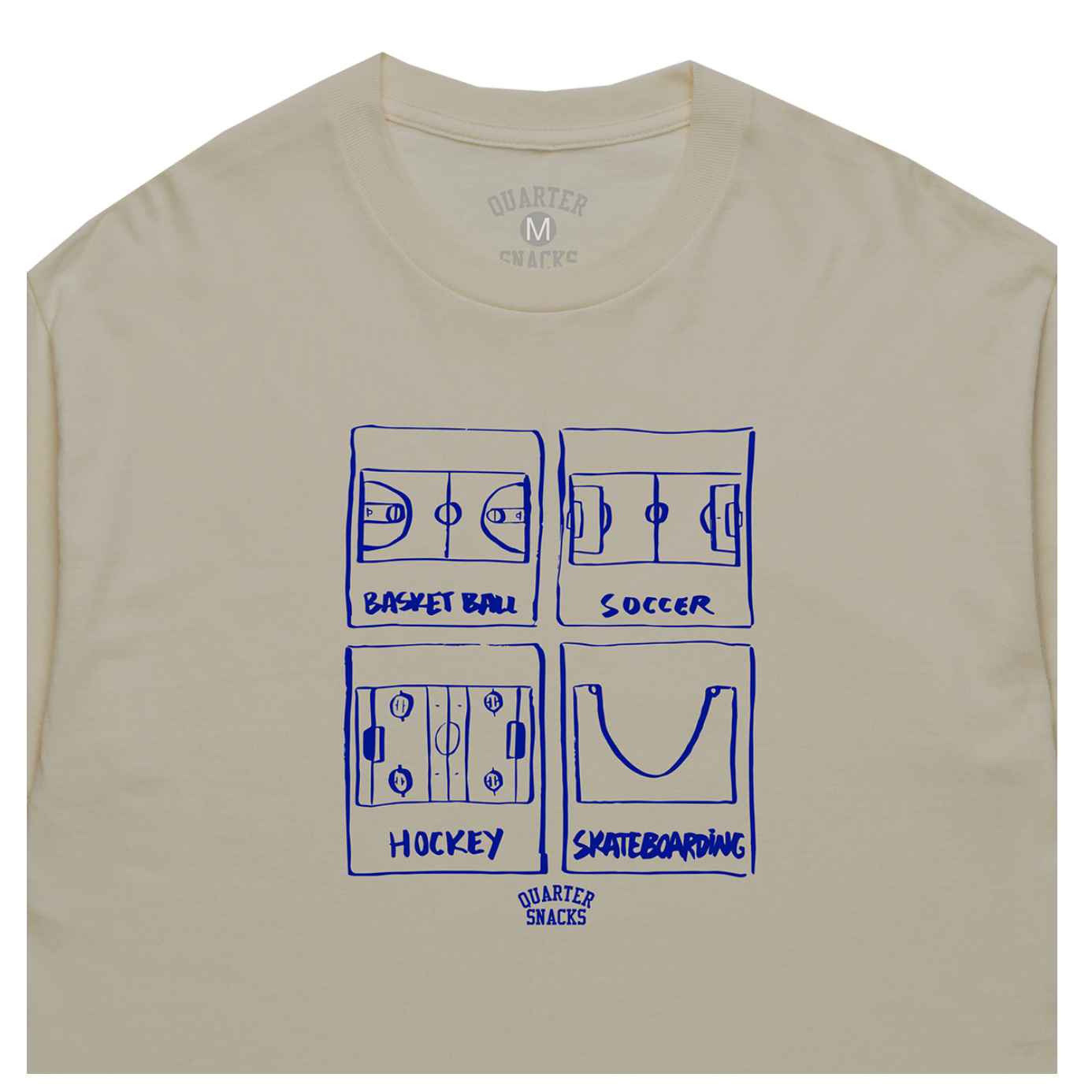 Beige t-shirt with blue graphic designs and text on a white background