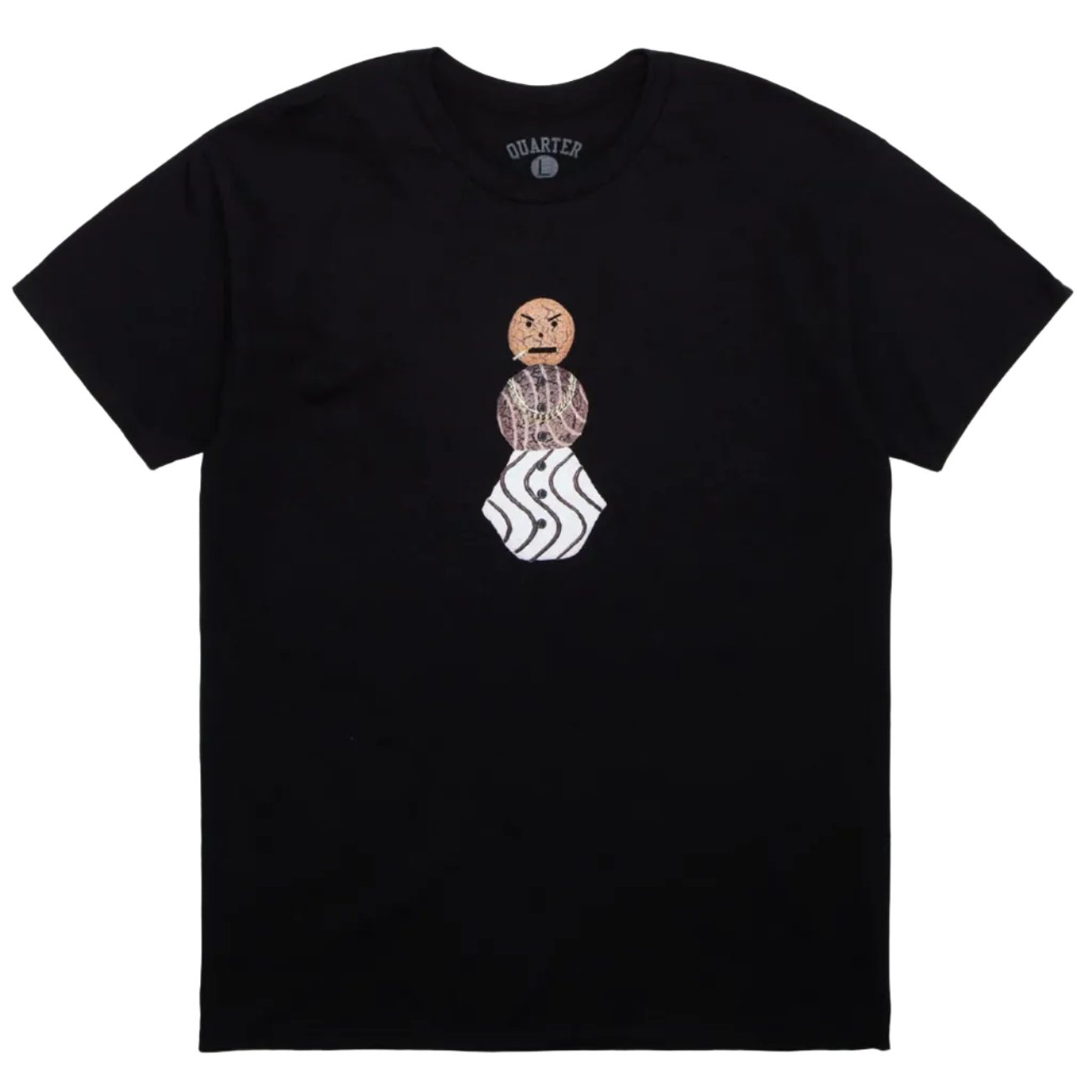 Black t-shirt with a graphic design on a light gray background