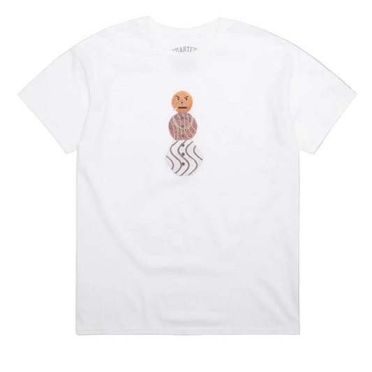 White t-shirt with a graphic design on a gray background