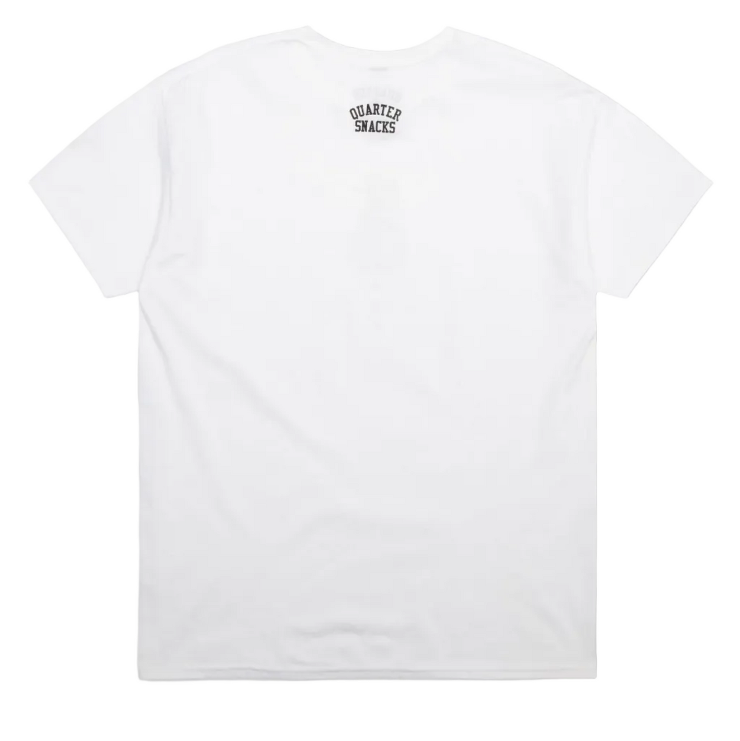 White t-shirt with a logo on the chest against a light gray background