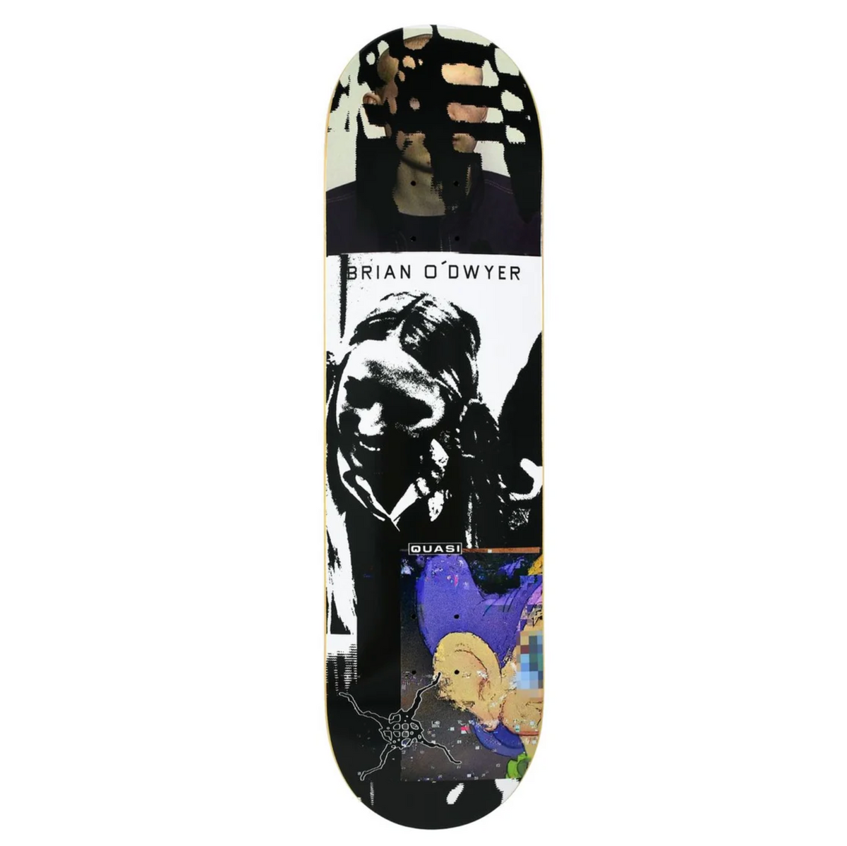 A skateboard deck featuring a collage-style graphic print with a large black-and-white portrait, the text 'BRIAN O'DWYER' near the top, and a small purple-toned abstract section near the bottom, shown on a plain white background.