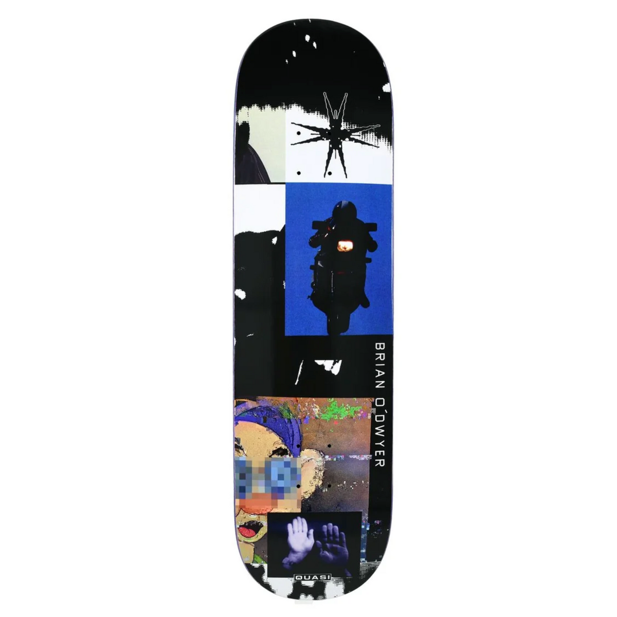 A skateboard deck featuring a collage-style graphic design with black, white, blue, and multicolor pixel-art and illustration elements, with the text 'BRIAN O'Dwyer' printed vertically on the side.