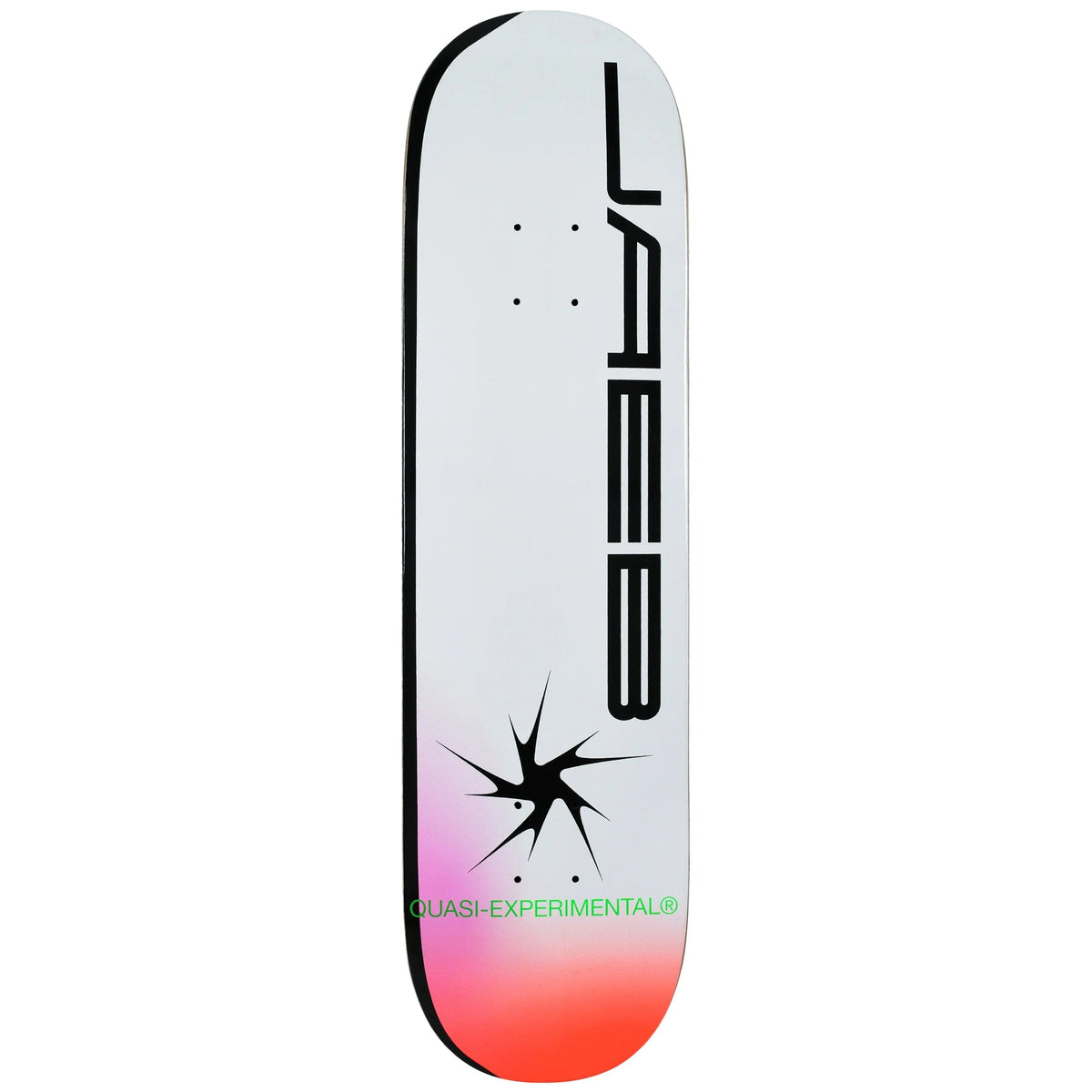 A Quasi Experimental skateboard deck featuring a white top graphic with a black vertical logo, a black crack graphic, and a pink-to-orange gradient at the nose.