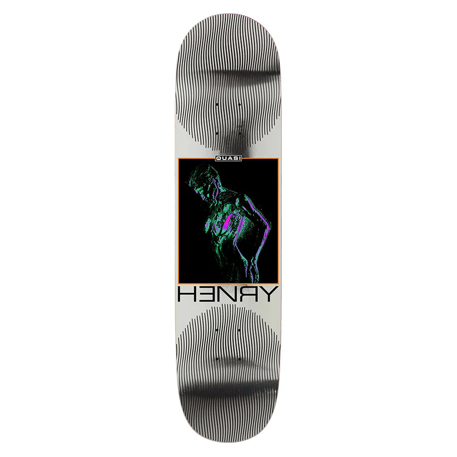 Skateboard deck with a graphic design and brand names on a white background