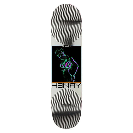 Skateboard deck with a graphic design and brand names on a white background