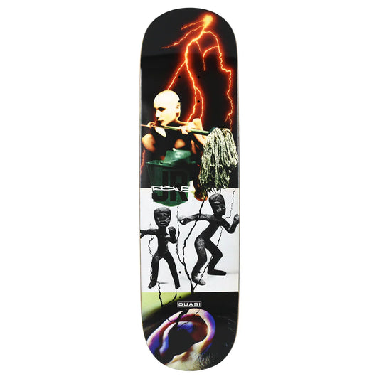 Skateboard deck with artistic design featuring a figure and lightning on a black background