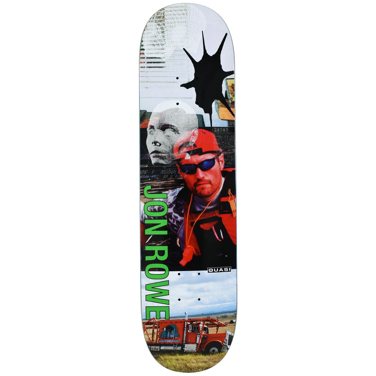A skateboard deck featuring a collage-style graphic design with portraits, a black paint splatter, green 'JON ROWE' text, and a red fire truck at the bottom, shown against a plain white background.