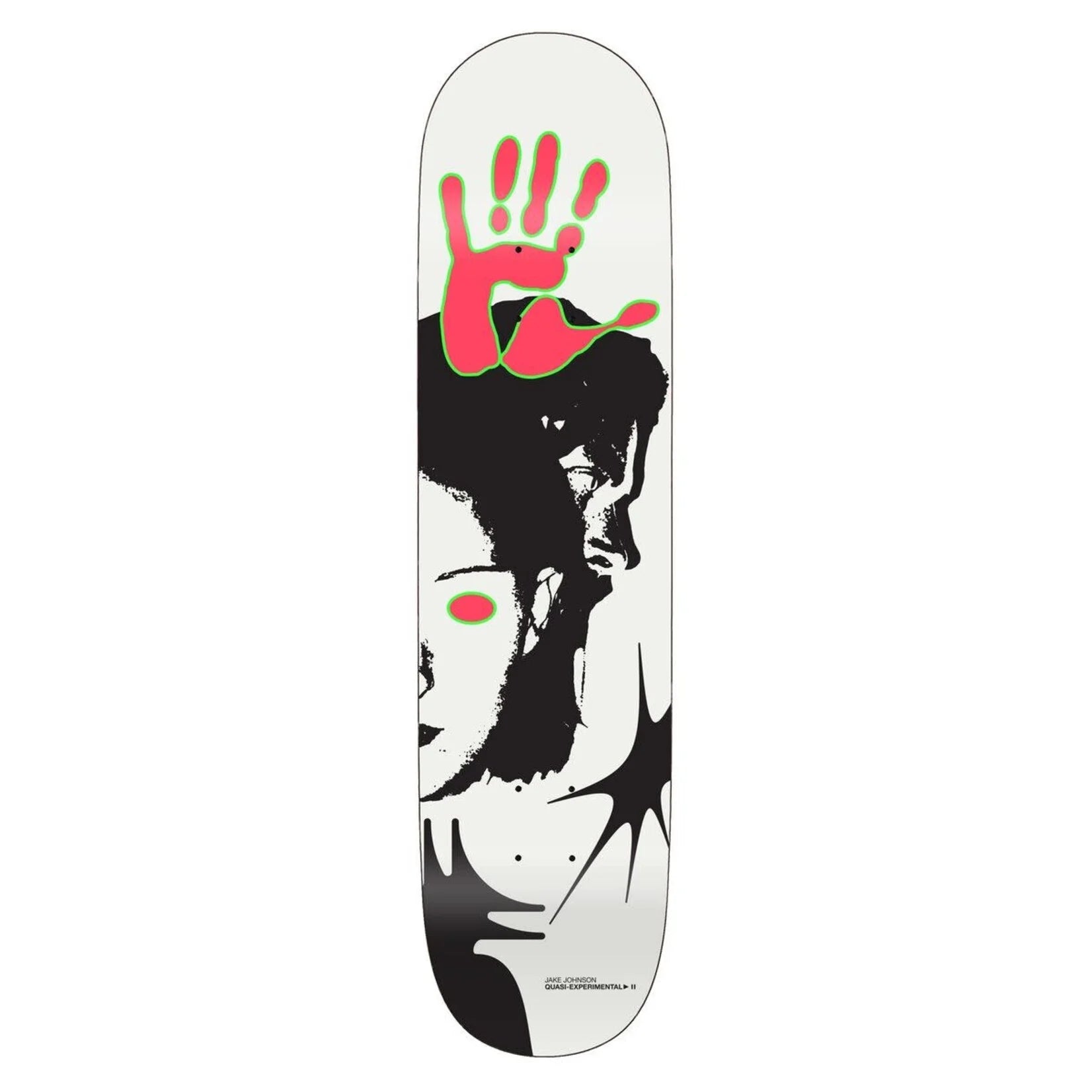 Skateboard deck with a stylized portrait and handprints on a white background