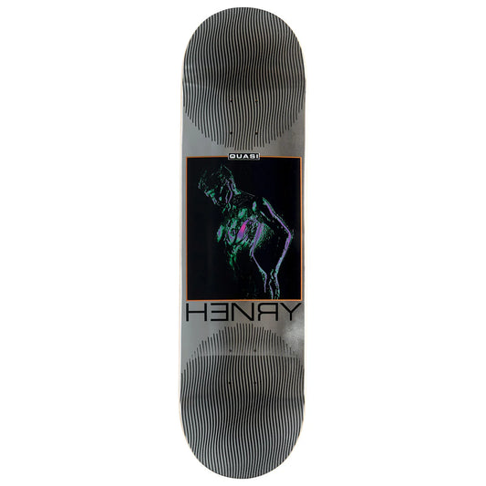 Skateboard deck with a graphic design and 'HENRY' branding on a white background