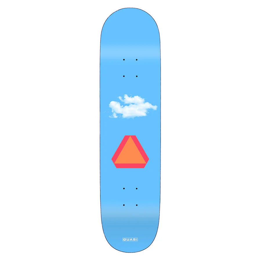 Skateboard deck with a blue gradient, white cloud, red triangle, and 'DUOBI' branding.