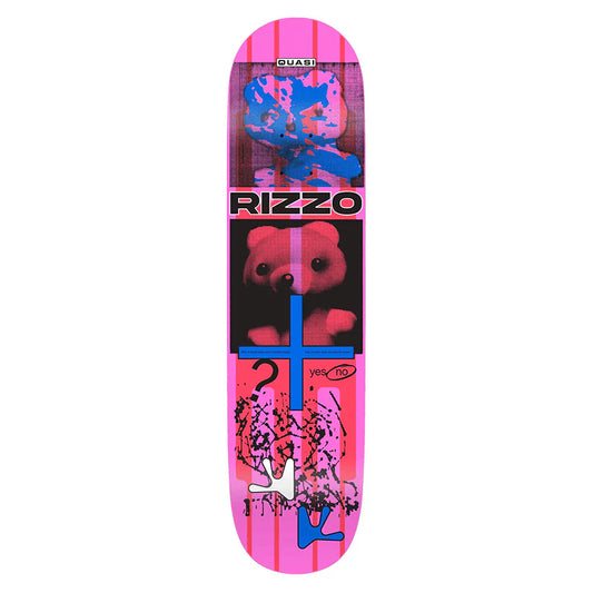 Skateboard deck with colorful design and text on a white background