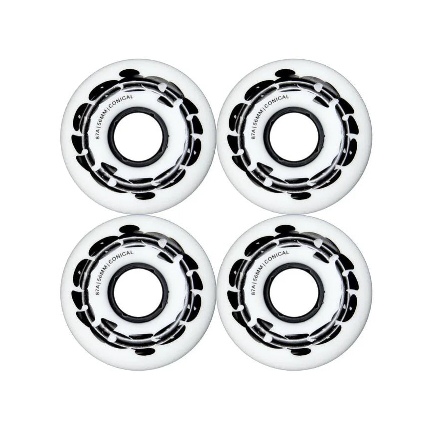 Four white bearings with black inner races on a white background