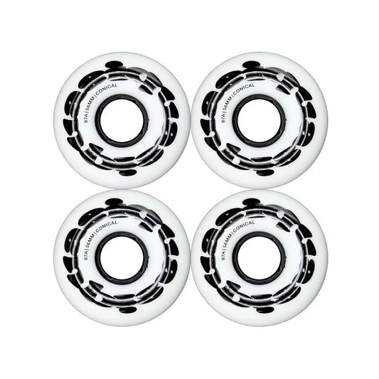 Four white bearings with black inner races on a white background