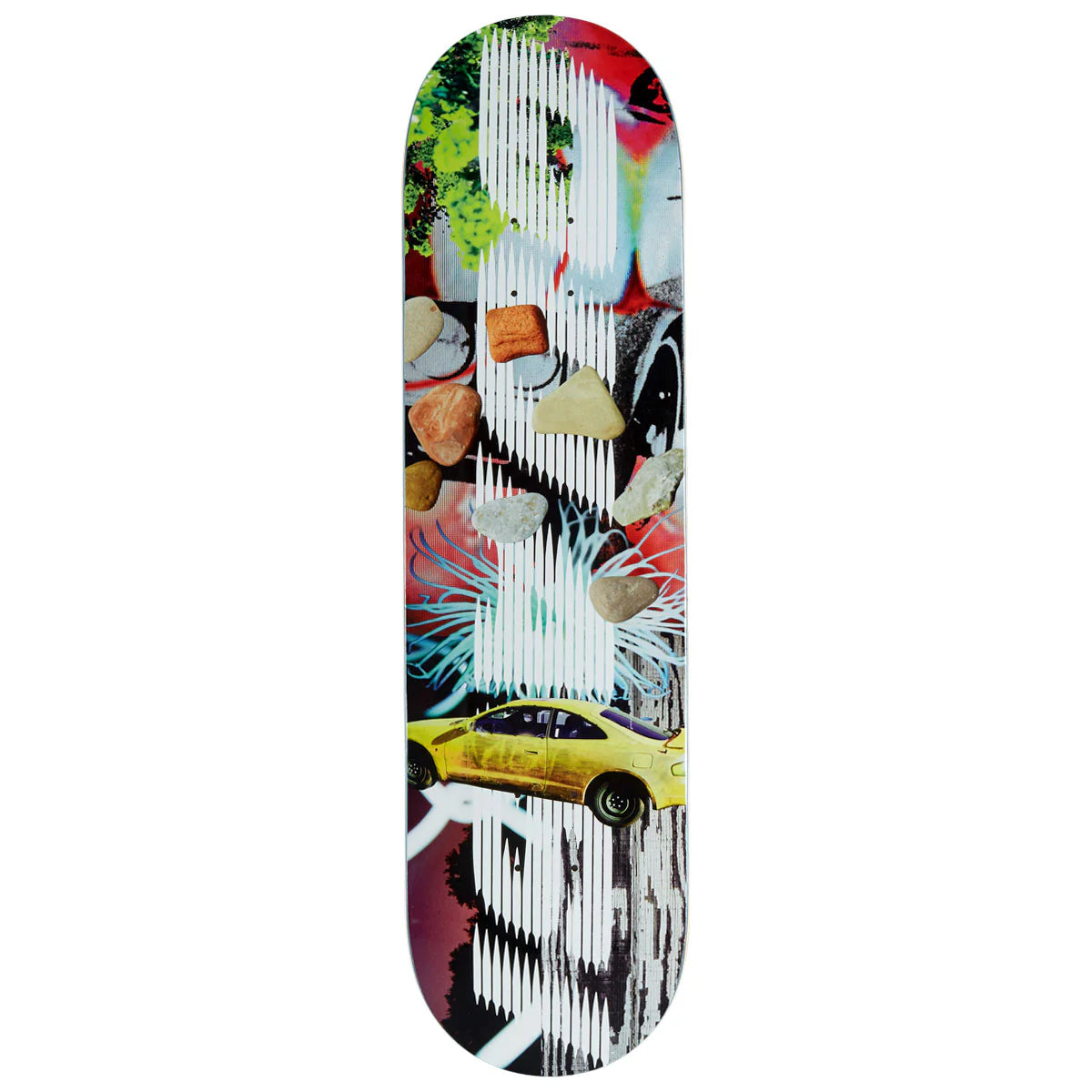 Colorful skateboard deck with abstract design on a white background