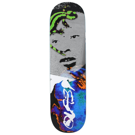 Skateboard deck with colorful design of a face and abstract patterns on a white background