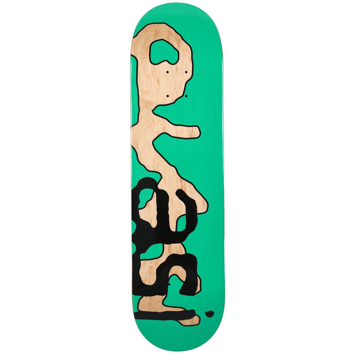 A skateboard deck with a bright teal green background, featuring a stylized graphic of a beige figure with black details.