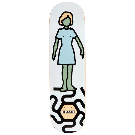 Skateboard deck with a stylized illustration of a person in a dress and green shoes, featuring the brand 'Quasi'.
