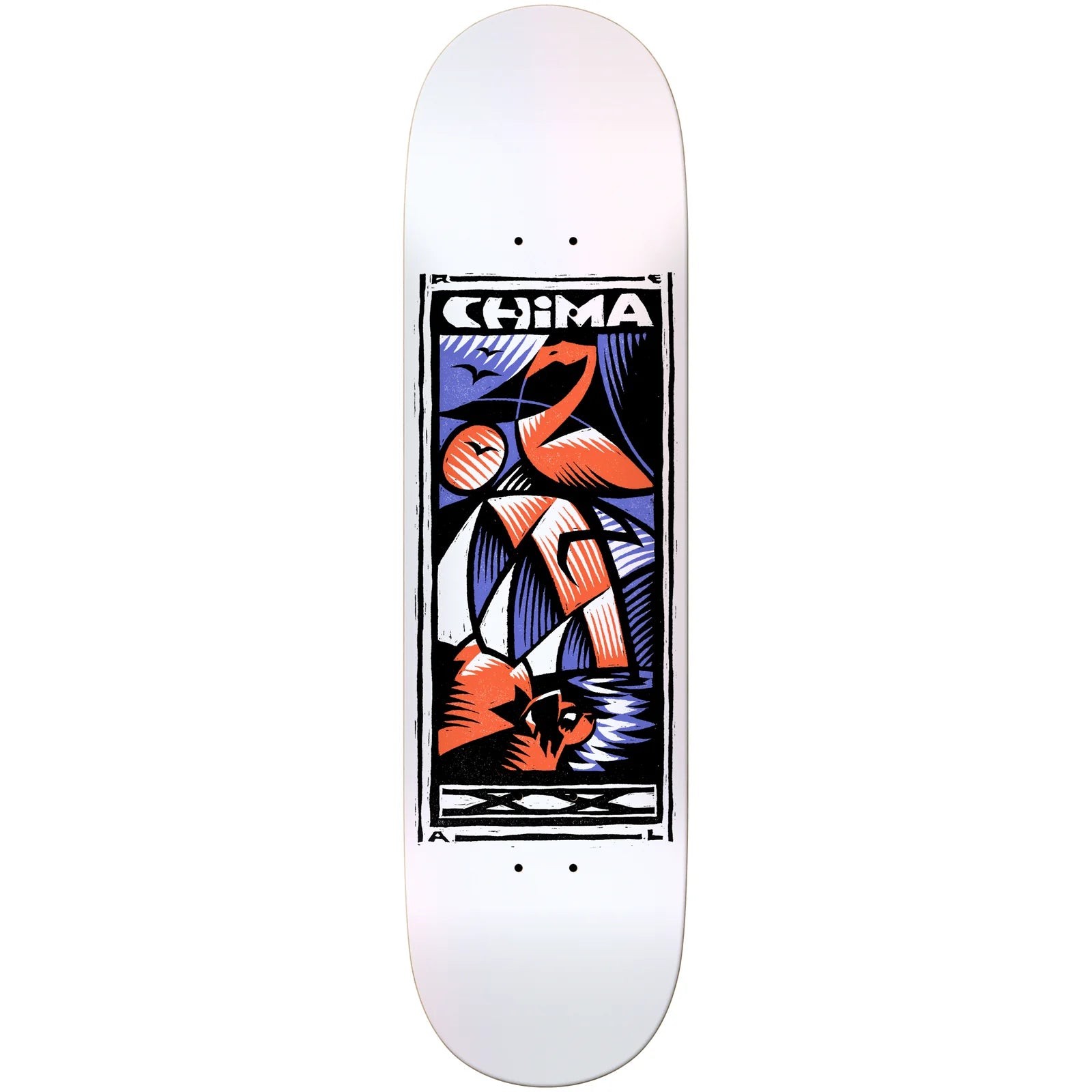 Skateboard deck with a colorful design and 'Chima' branding on a white background