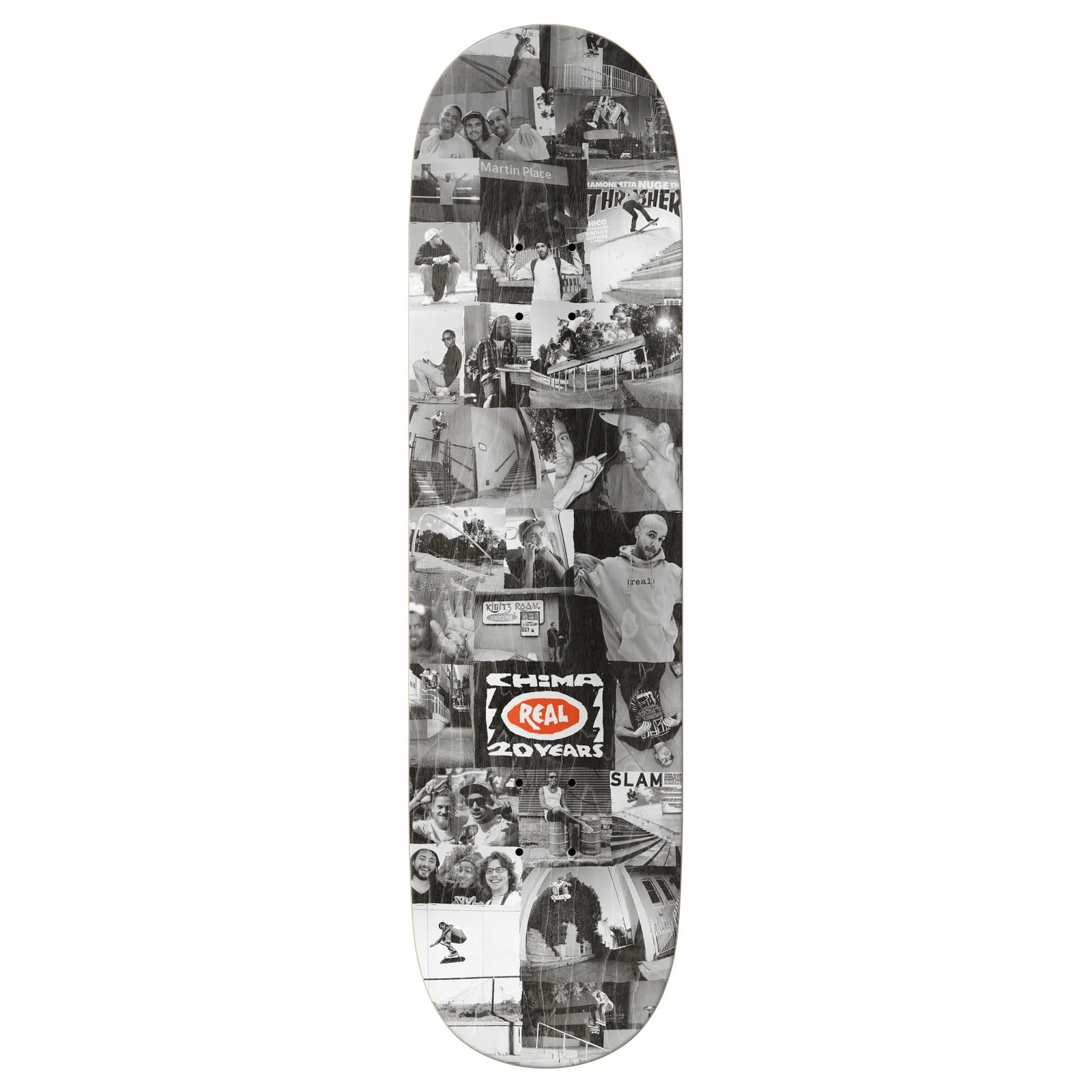 Skateboard deck with black and white collage design featuring various images and logos.