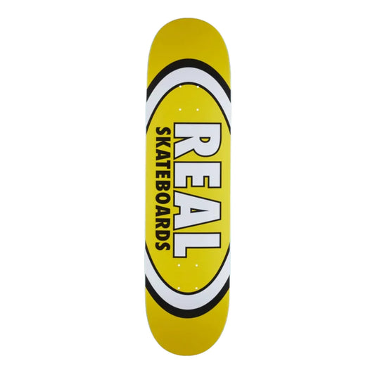 Yellow skateboard deck with 'Real Skateboards' logo on a white background