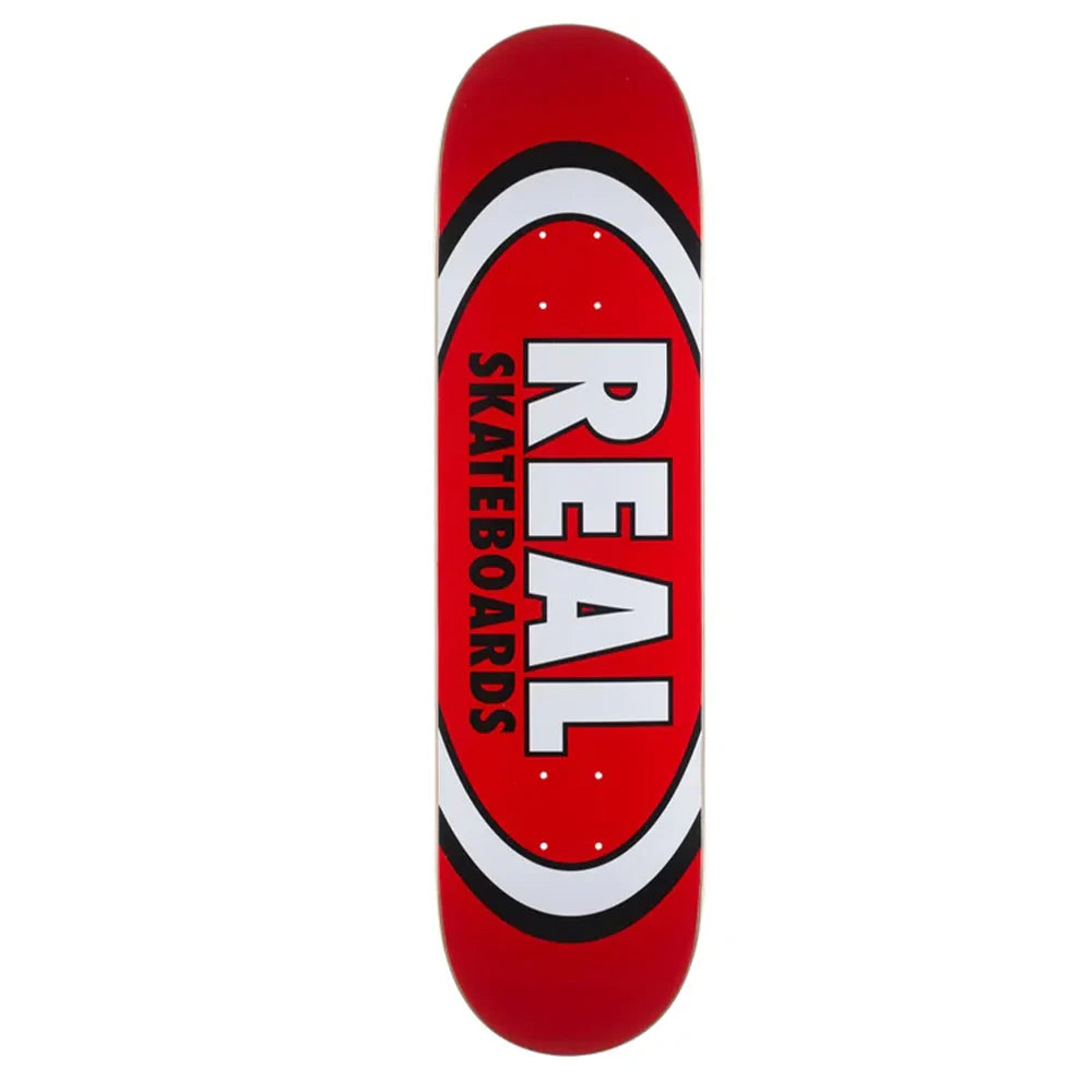Red skateboard deck with 'Real Skateboards' logo on a white background