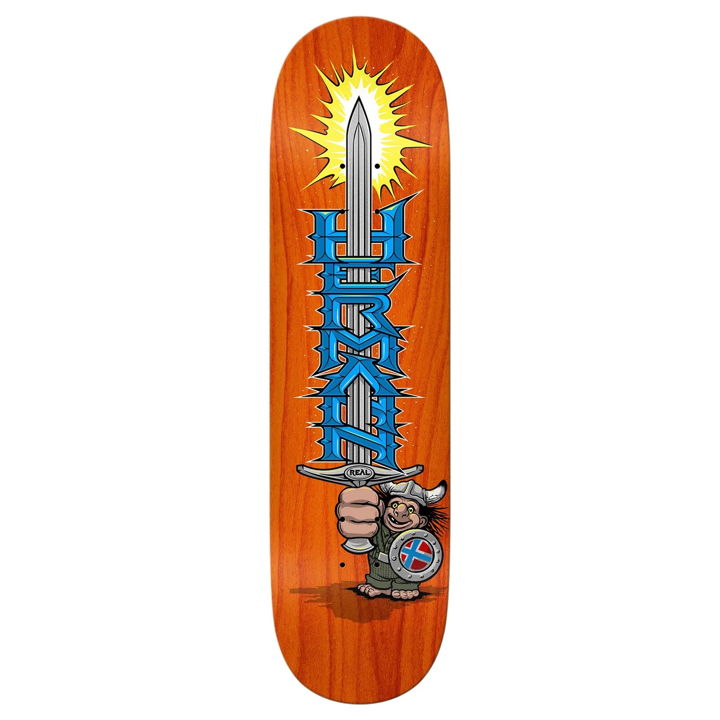 Skateboard deck with a wooden finish, sword design, and 'Hirax' branding on a white background.