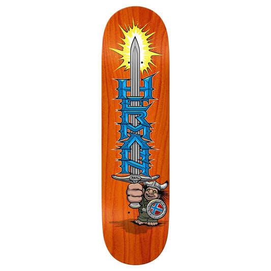 Skateboard deck with a wooden finish, sword design, and 'Hirax' branding on a white background.