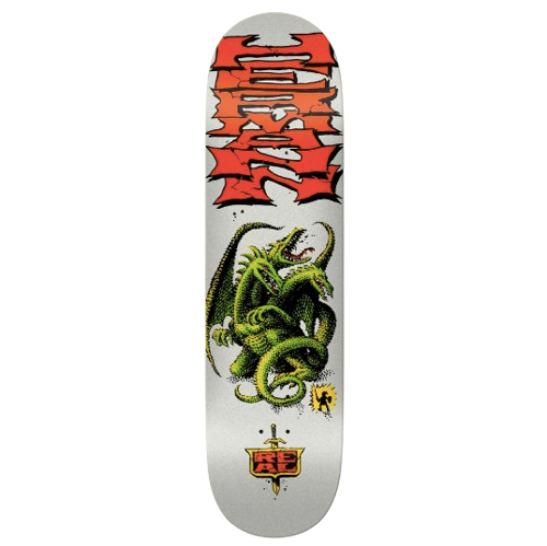 Skateboard deck with a dragon being slain.