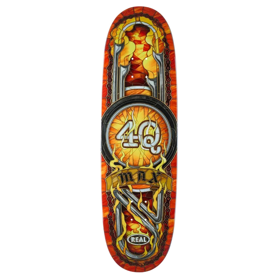 Skateboard deck with intricate design and '410' branding on a white background