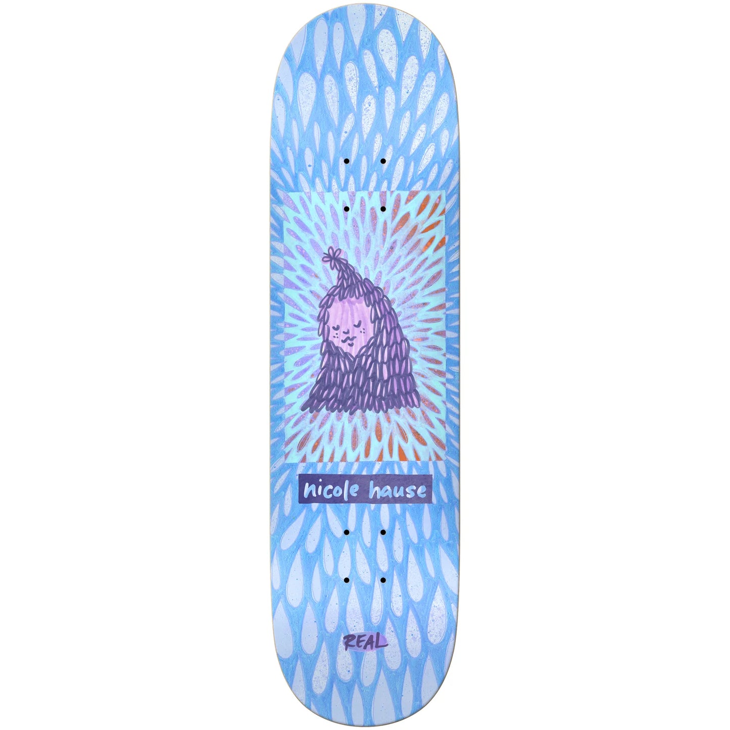 Skateboard deck with tie-dye design and face illustration on a white background