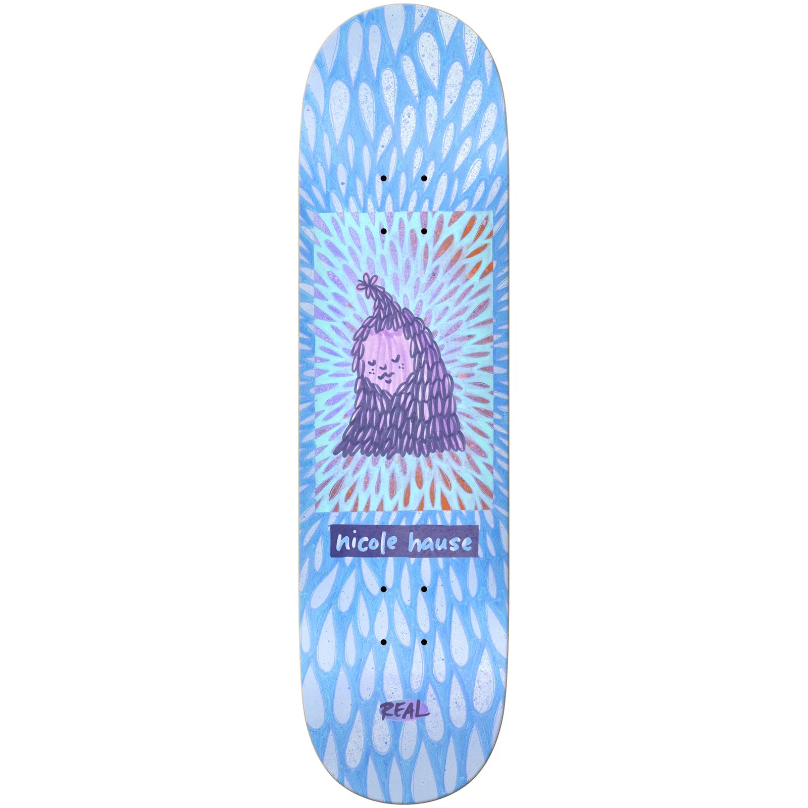 Skateboard deck with tie-dye design and face illustration on a white background