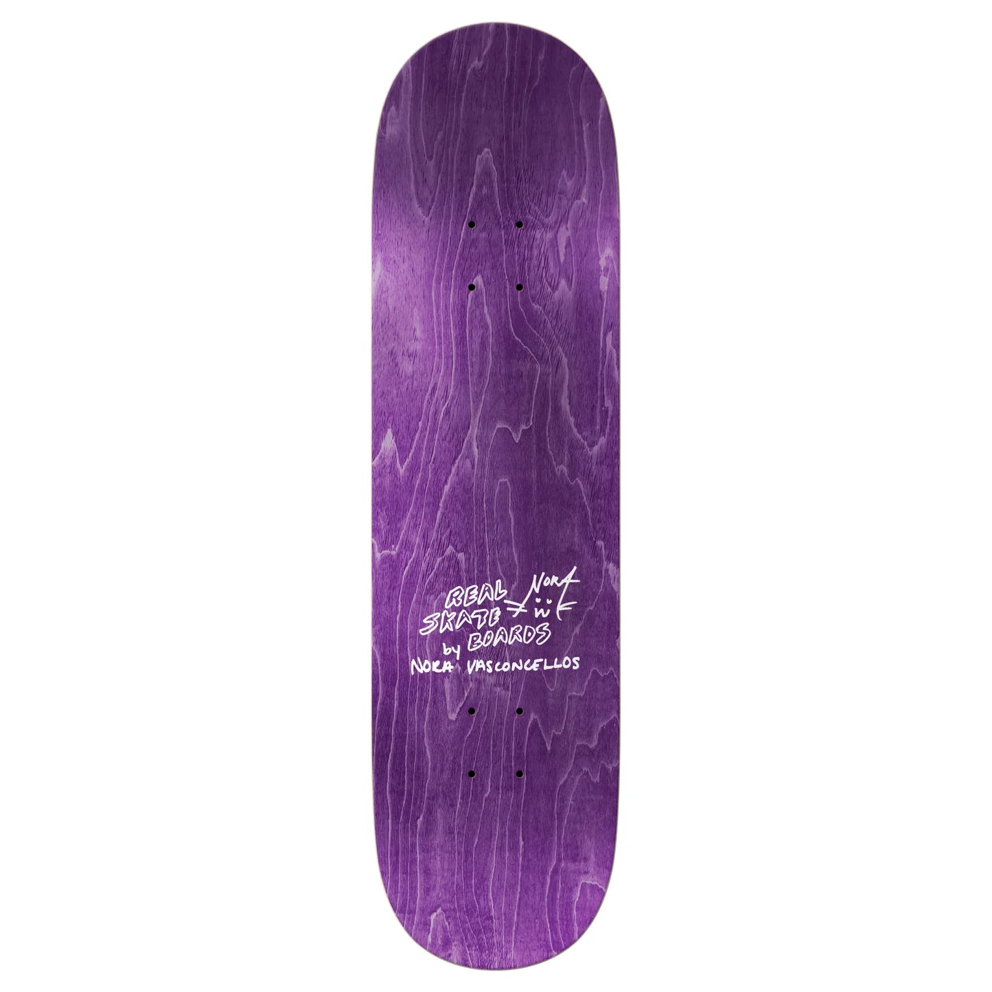 Purple skateboard deck with white text on a white background