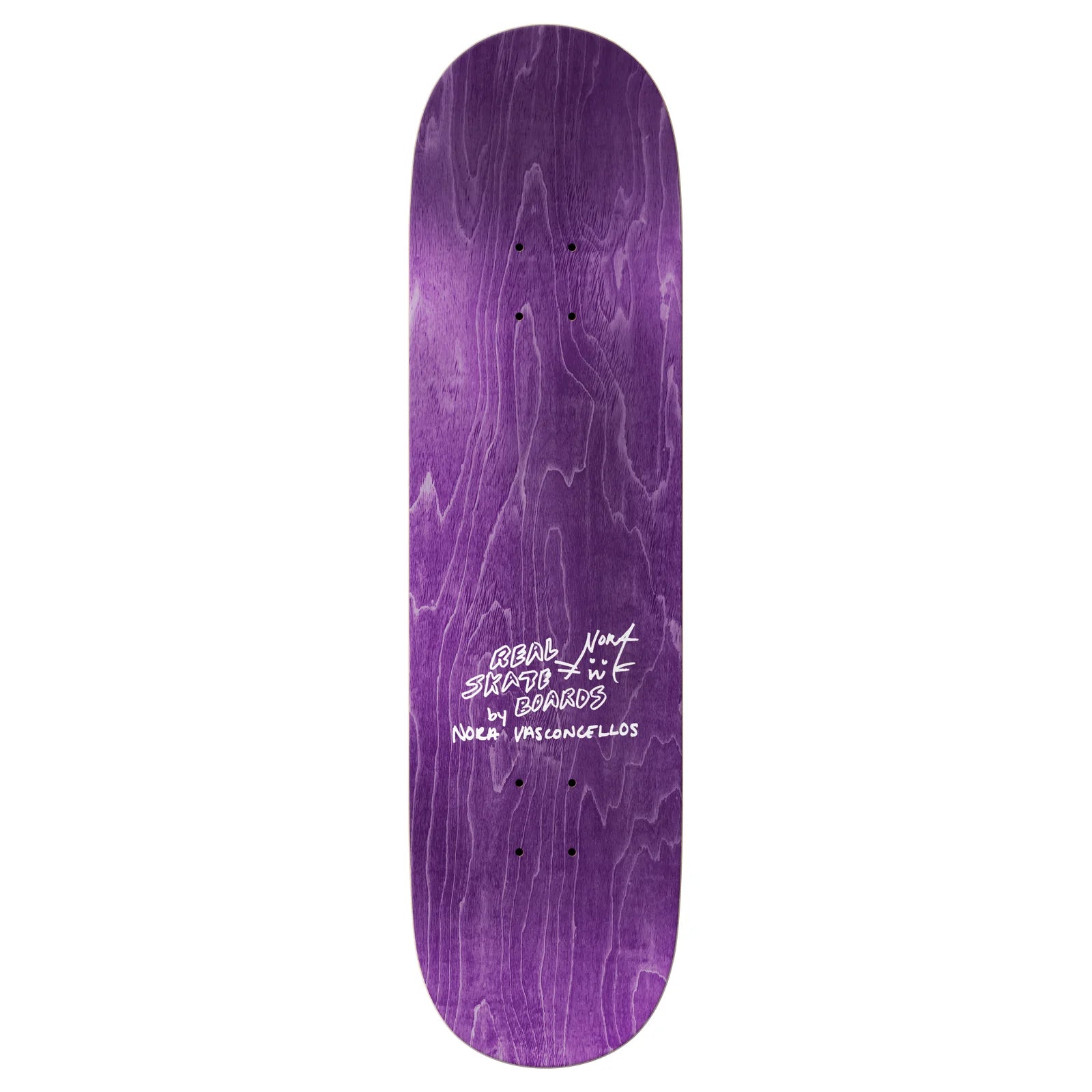 Purple skateboard deck with white text on a white background
