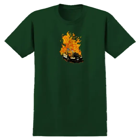 Green t-shirt with a graphic of a car on fire on a white background