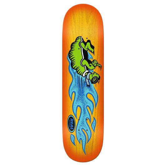 Skateboard deck with a green dinosaur and blue flames design on an orange background