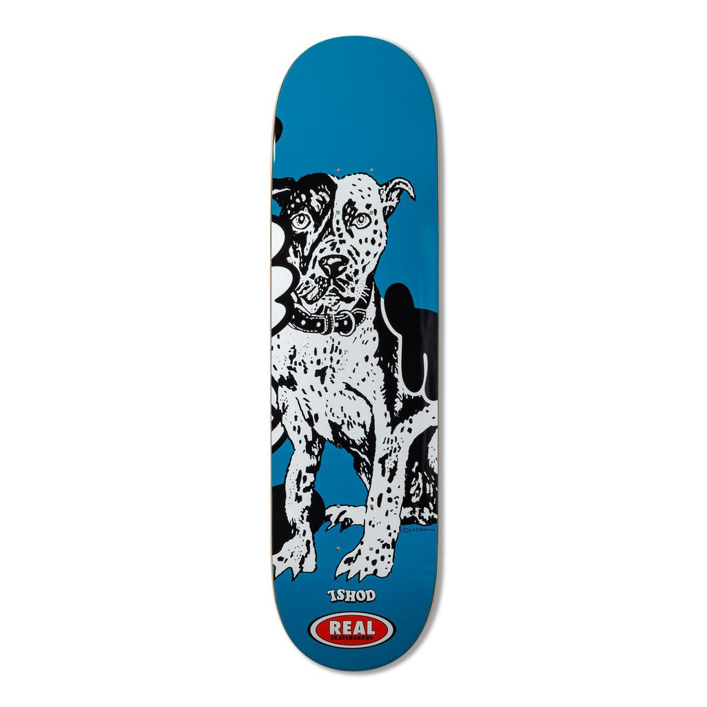 Skateboard deck with a dalmatian dog design on a blue background