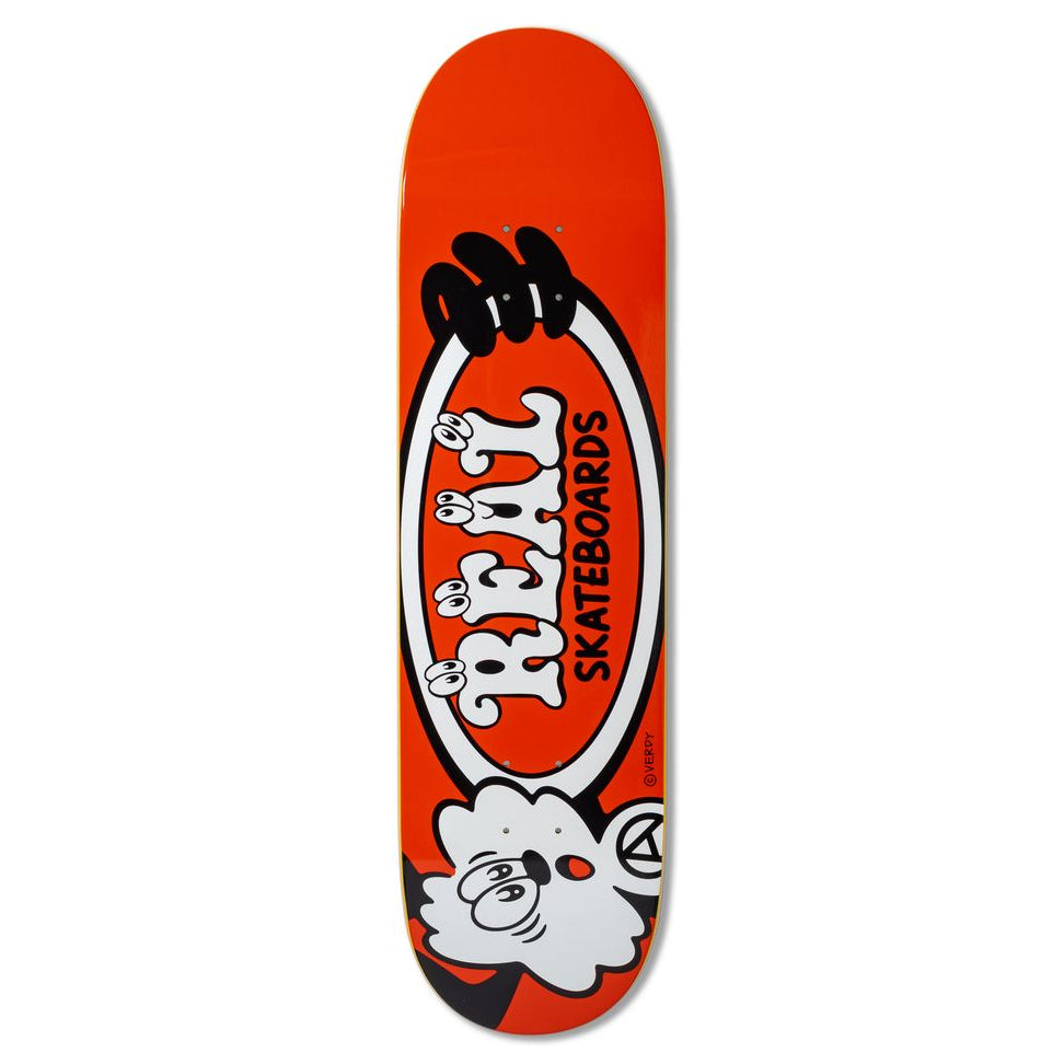 Orange skateboard deck with a logo on a white background