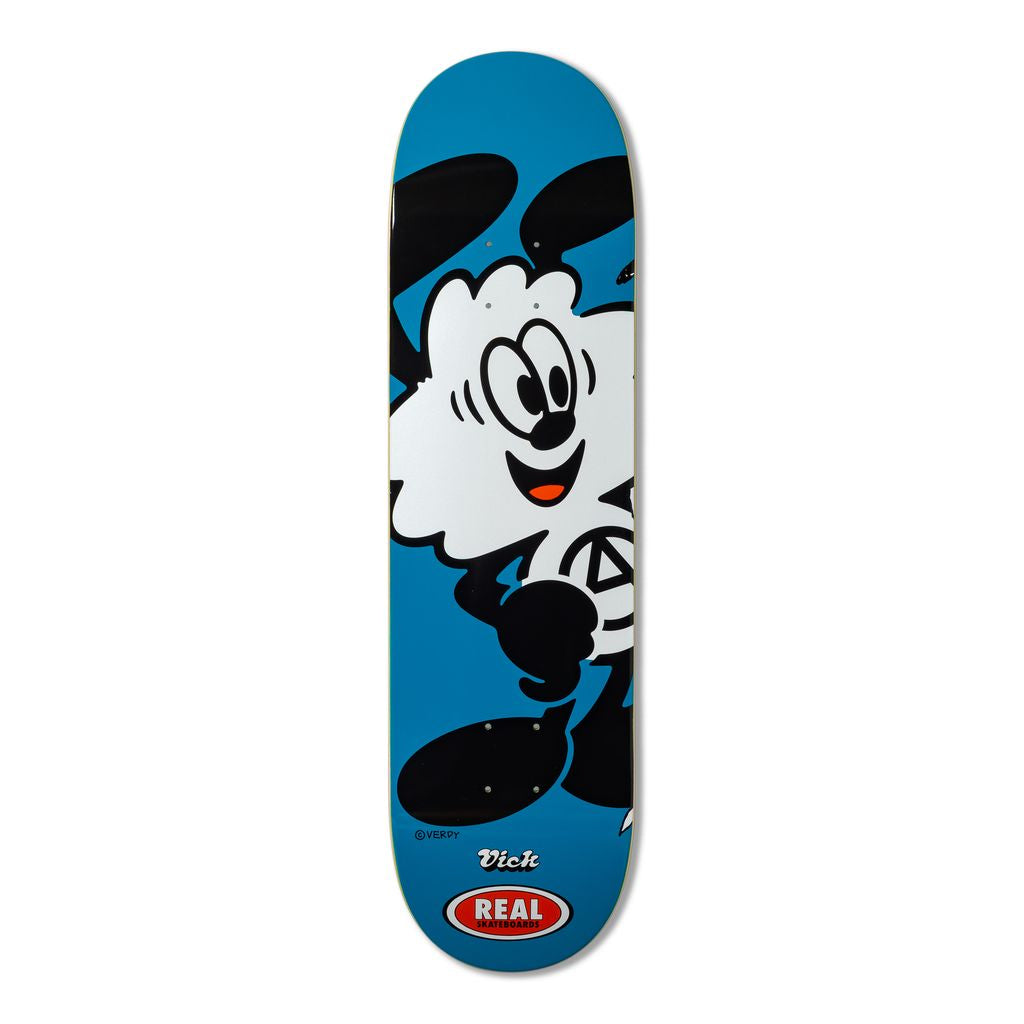 Skateboard deck with a cartoon character design on a blue background