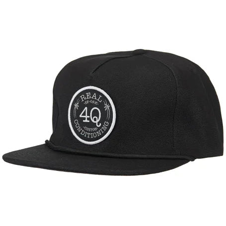 Black cap with a white logo on a white background