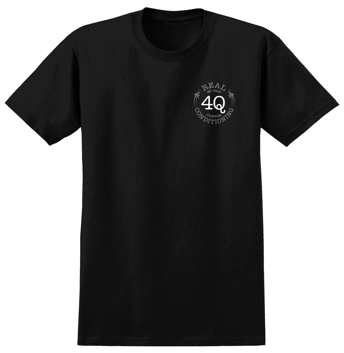 Black t-shirt with a white logo on a white background